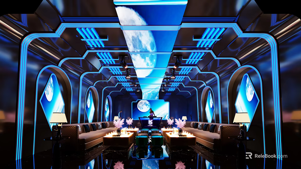 Modern KTV Interior with Starry Sky Theme Blue Tone Round Arches Sofas and Lighting Decorations 3d model 