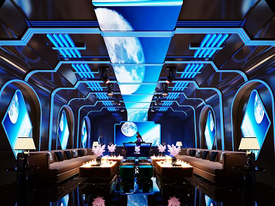 Modern KTV Interior with Starry Sky Theme Blue Tone Round Arches Sofas and Lighting Decorations 3d model
