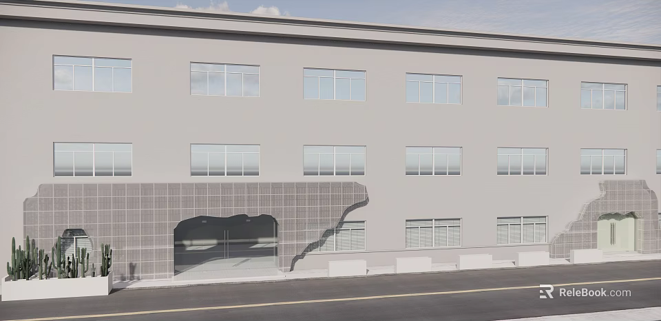 Modern Gray Building Storefront Facade With Tile Decorated Arched Entrance And Multiple Windows 3d model