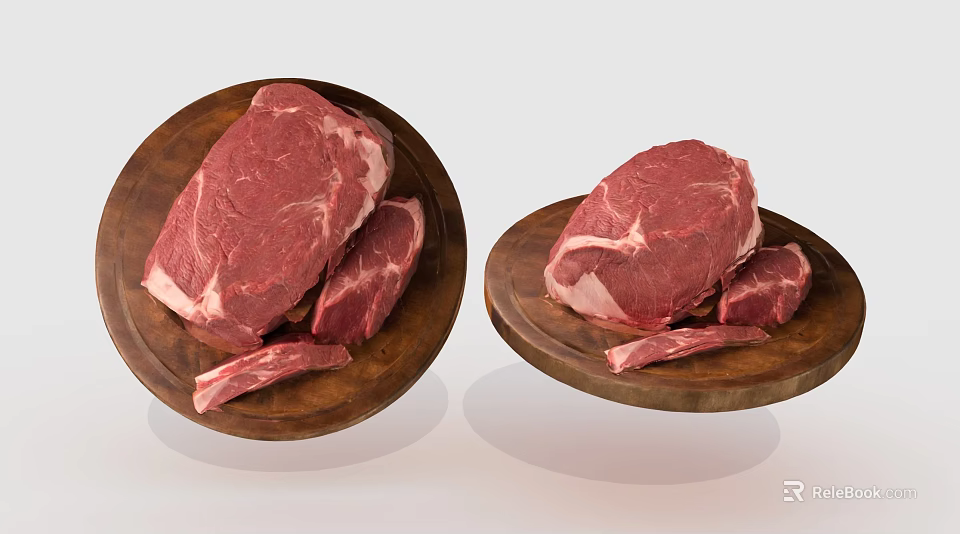 Fresh Raw Beef Cuts on Wooden Plates with Large and Small Pieces 3d model 