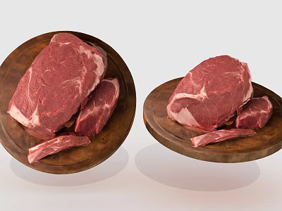 Fresh Raw Beef Cuts on Wooden Plates with Large and Small Pieces 3d model