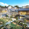 Modern Commercial Plaza With Market Area Pedestrian Walkways And Open Space At Evening