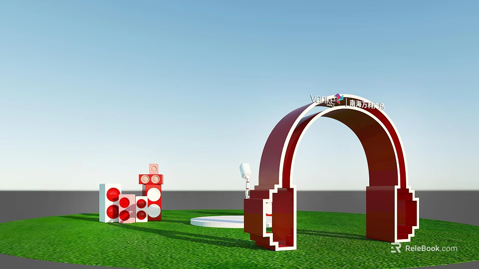 Red Headphone Shaped Event Entrance Arch For Vannele Festival With Decorations On Grass Field 3d model 