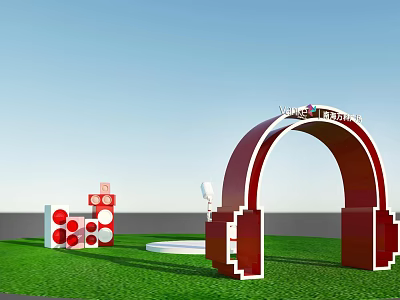 Red Headphone Shaped Event Entrance Arch For Vannele Festival With Decorations On Grass Field 3d model