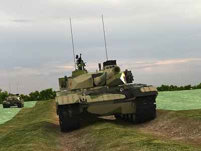 Military Camouflage Tank With Antennas And Cannon Headlight Moving On Green Grassland Against Evening Sky 3d model