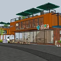 Modern Commercial Complex Featuring Container Structure Orange Facade Large Glass Windows And Outdoor Seating 3d model
