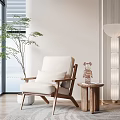 Minimalist Living Room Armchair With Wooden Side Table Floor Lamp Green Plant And Natural Light