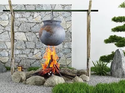 Traditional Yard Garden With Stone Wall Hanging Iron Cauldron Burning Fire Stones And Lush Plants 3d model