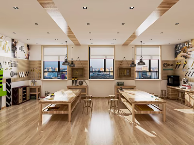 School Classroom Interior With Wooden Tables Chairs Windows And Open Layout 3d model