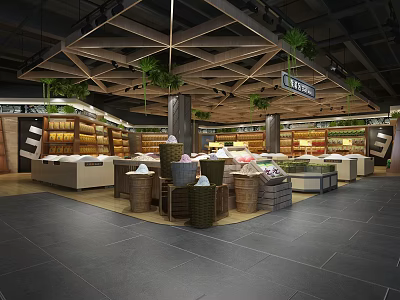 Supermarket Department Store Interior With Wooden Ceiling Green Plants Fresh Produce Baskets And Shelves 3d model