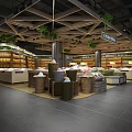 Supermarket Department Store Interior With Wooden Ceiling Green Plants Fresh Produce Baskets And Shelves