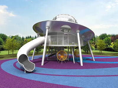 Modern Children's Playground With Flying Saucer Structure Slide Spinning Seats And Colorful Ground 3d model