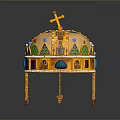 Golden Decorative Crown With Cross Top Colored Gemstones And Religious Portraits Tassels