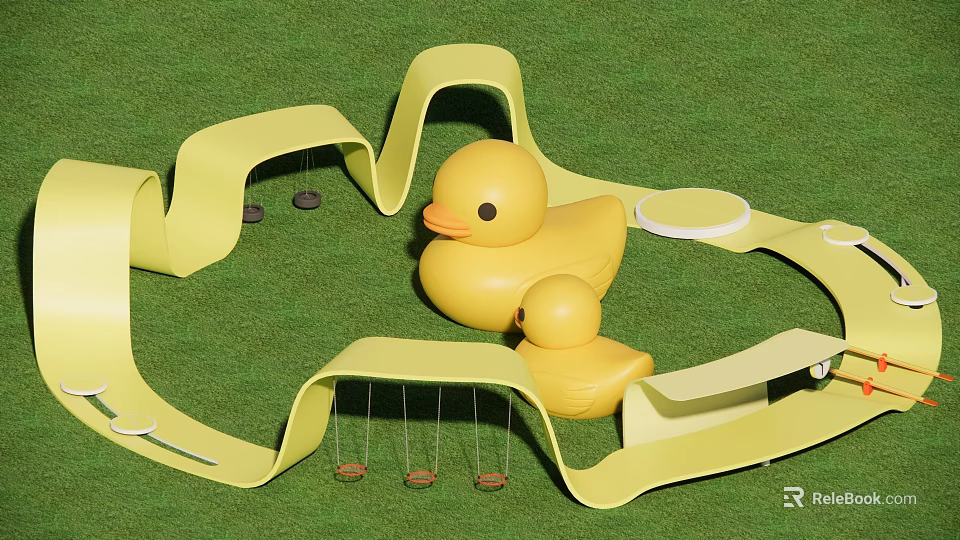 Fun Children's Play Area With Yellow Wavy Structures Rubber Ducks And Swings On Green Lawn 3d model 