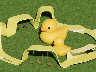 Fun Children's Play Area With Yellow Wavy Structures Rubber Ducks And Swings On Green Lawn 3d model