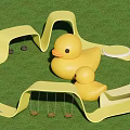 Fun Children's Play Area With Yellow Wavy Structures Rubber Ducks And Swings On Green Lawn