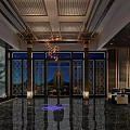 Chinese Style Hotel Lobby With Latticed Ceiling Chandelier Landscape Painting And Marble Floor