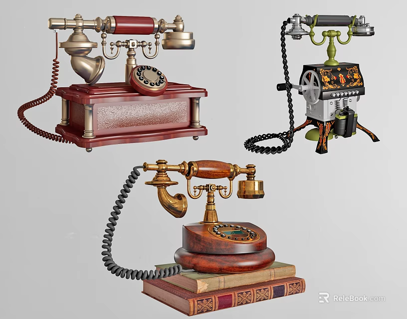 Vintage Digital Mobile Phones Collection With Different Styles And Metal Wooden Decorations Displayed 3d model 