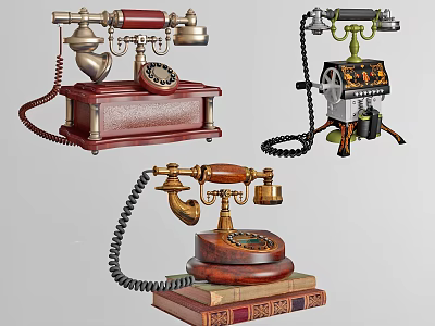 Vintage Digital Mobile Phones Collection With Different Styles And Metal Wooden Decorations Displayed 3d model