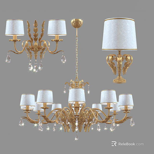 Elegant Golden Crystal Lighting Combination With White Lampshades Chandeliers And Table Lamp 3d model 