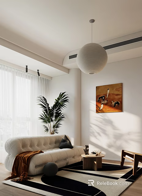 Bright Modern Beige Sofa Coffee Table Combination With Natural Light Green Plant And Wall Art 3d model 