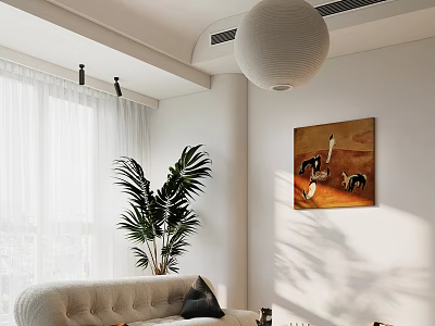 Bright Modern Beige Sofa Coffee Table Combination With Natural Light Green Plant And Wall Art 3d model
