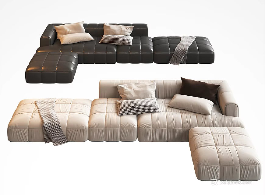 Modern Modular Multi Seater Sofa with Light Dark Pillows and Throw Blanket 3d model
