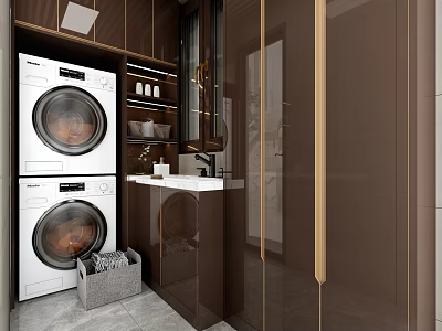 Modern Home Balcony Laundry Area With Dark Cabinets Gold Accents White Washing Machines And Sink 3d model