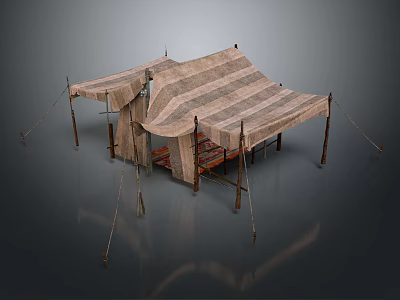 Traditional Canvas Tent Structure With Wooden Poles Ropes And Ground Setup 3d model