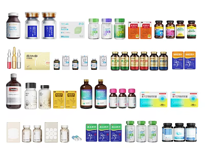 Various Types of Medical Devices Including Bottles Medications Ampoules and Packaging 3d model