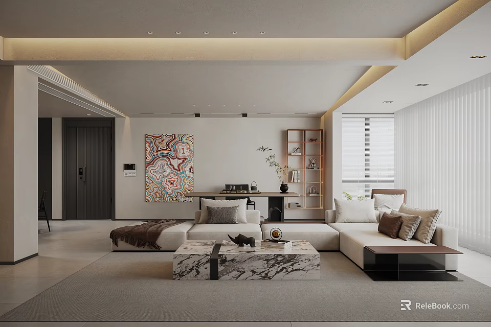 Modern Living Dining Room Interior With Sofa Marble Coffee Table Decorative Painting And Bookshelf 3d model 