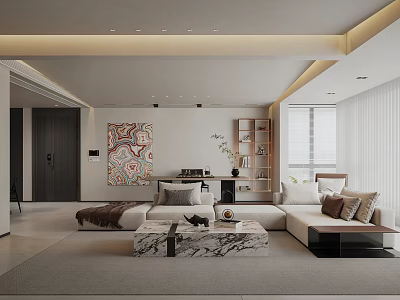 Modern Living Dining Room Interior With Sofa Marble Coffee Table Decorative Painting And Bookshelf 3d model