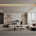 Modern Living Dining Room Interior With Sofa Marble Coffee Table Decorative Painting And Bookshelf