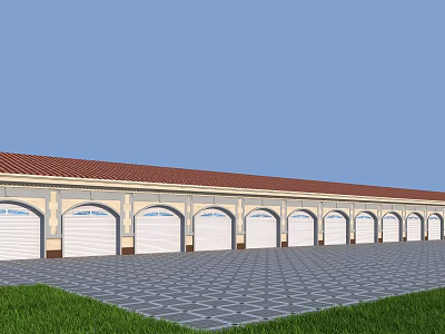 Modern Parking Lot With Red Roof Multiple Garage Doors Gray Paving And Green Lawn 3d model