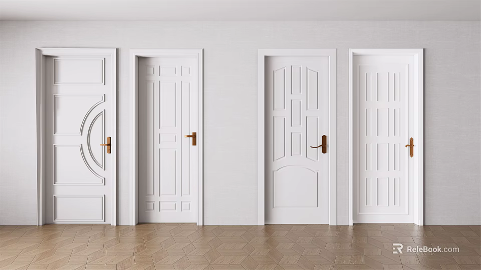 White Hinged Doors with Various Panel Designs Golden Handles Against White Walls and Brown Flooring 3d model 