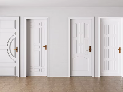 White Hinged Doors with Various Panel Designs Golden Handles Against White Walls and Brown Flooring 3d model