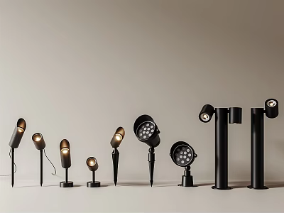 Modern Outdoor Lights With Various Sleek Designs And Distinct Black Shapes Arranged 3d model