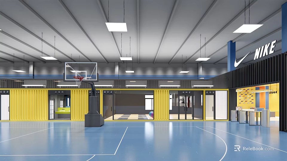 Spacious Basketball Court Interior With Blue Floor Yellow Container Structures Ceiling Lights And Hoop 3d model 