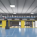 Spacious Basketball Court Interior With Blue Floor Yellow Container Structures Ceiling Lights And Hoop
