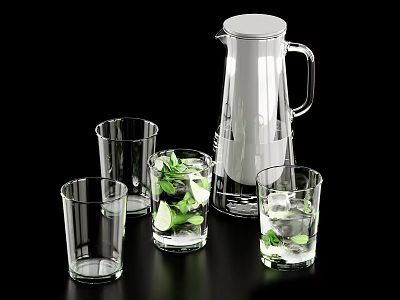 Clear Glass Water Pitcher And Drinking Glasses Daily Electrical Appliances With Fresh Mint Ice Cubes 3d model