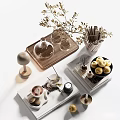 Elegant Decorative Ornament Set With Golden Branches Vase Pears Candle Tray Books And Lamp