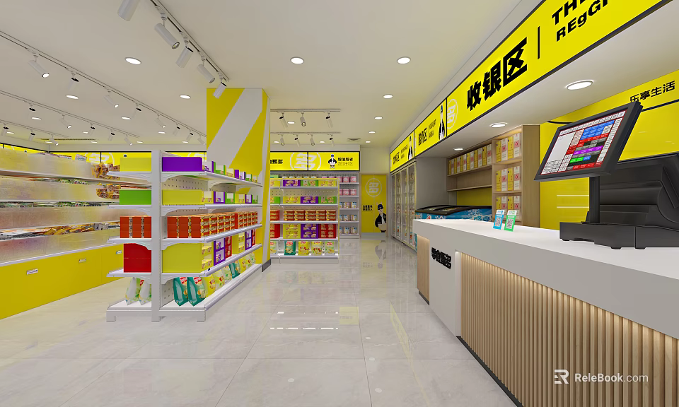 Bright Yellow Retail Store Interior With Shelves Full Of Goods And Checkout Counter 3d model 