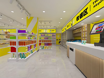 Bright Yellow Retail Store Interior With Shelves Full Of Goods And Checkout Counter 3d model