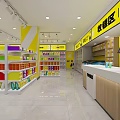 Bright Yellow Retail Store Interior With Shelves Full Of Goods And Checkout Counter