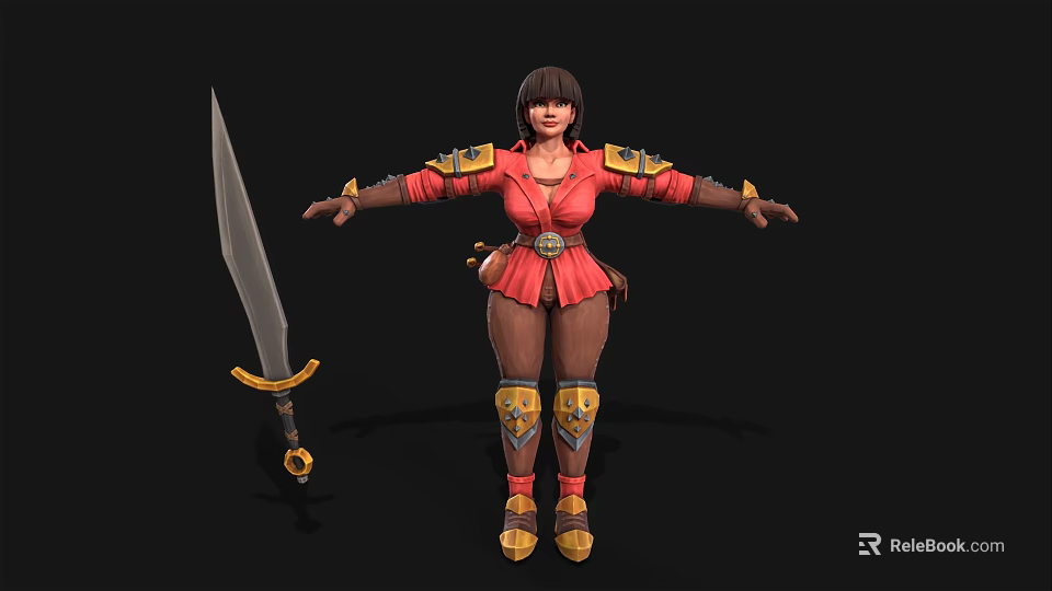 Woman Warrior in Red Outfit with Gold Armor Accents and Arms Outstretched Holding Sword 3d model 