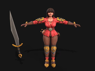 Woman Warrior in Red Outfit with Gold Armor Accents and Arms Outstretched Holding Sword 3d model