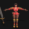 Woman Warrior in Red Outfit with Gold Armor Accents and Arms Outstretched Holding Sword