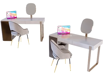 Modern Dressing Table Design With Round Mirror Upholstered Chair And Metal Legs 3d model