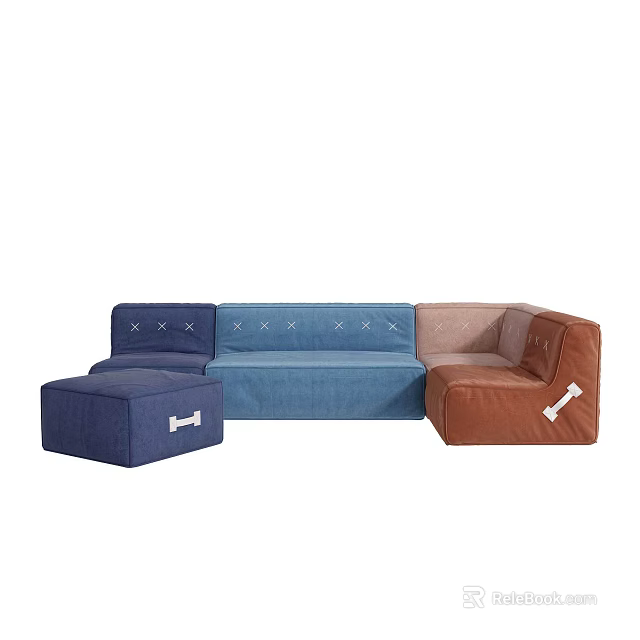 Modern Sectional Sofa Set with Blue Brown Tufted Design and Matching Ottoman Module 3d model 
