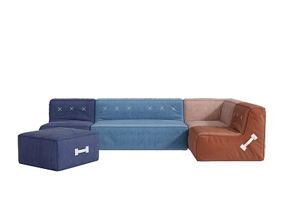 Modern Sectional Sofa Set with Blue Brown Tufted Design and Matching Ottoman Module 3d model